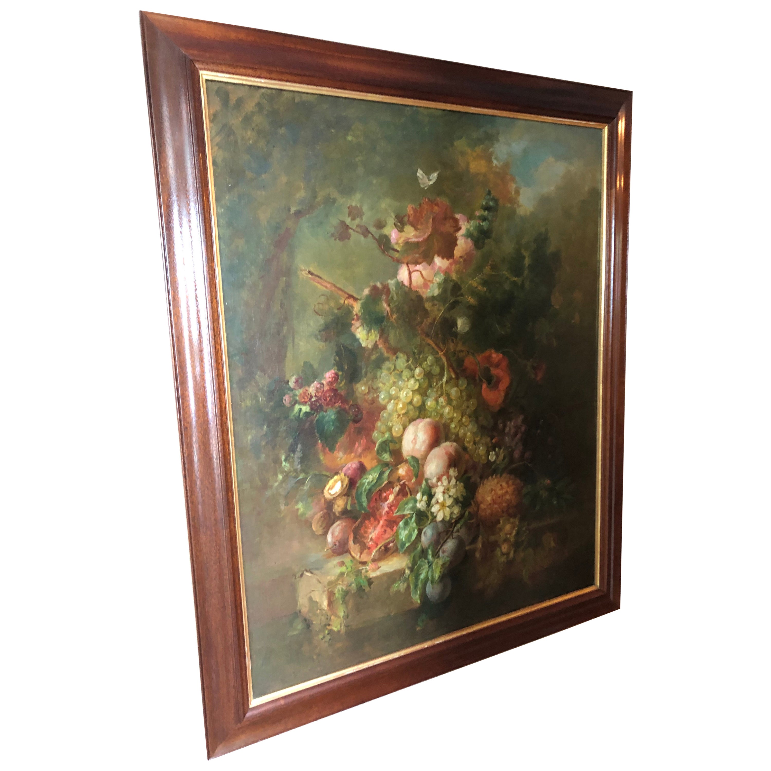 Romantic Large Fruit and Flowers Still Life Painting For Sale