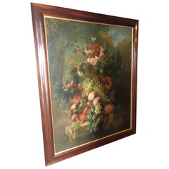 Retro Romantic Large Fruit and Flowers Still Life Painting