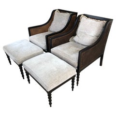 Refined Pair of Ebonized Double Caned Upholstered Club Chairs and Ottomans