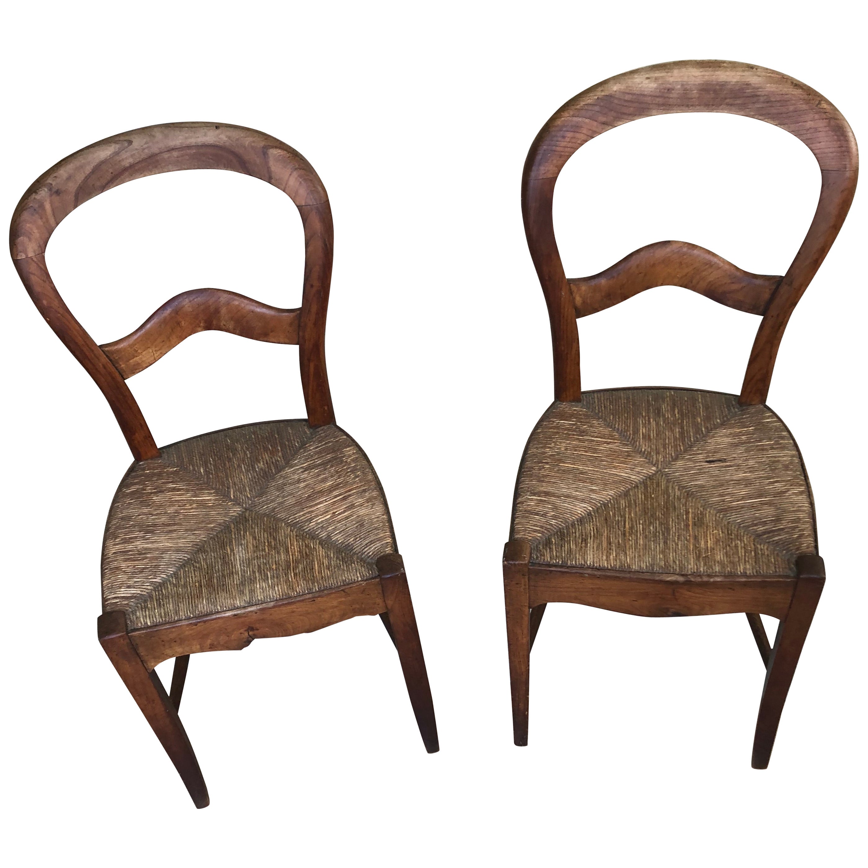 Pair of Charming Antique Country Pine Side Chairs with Rush Seats For Sale