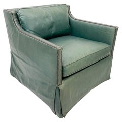 Bernhardt Classic Club Armchair in Aqua Delano Leather with Brass Nail Head Trim