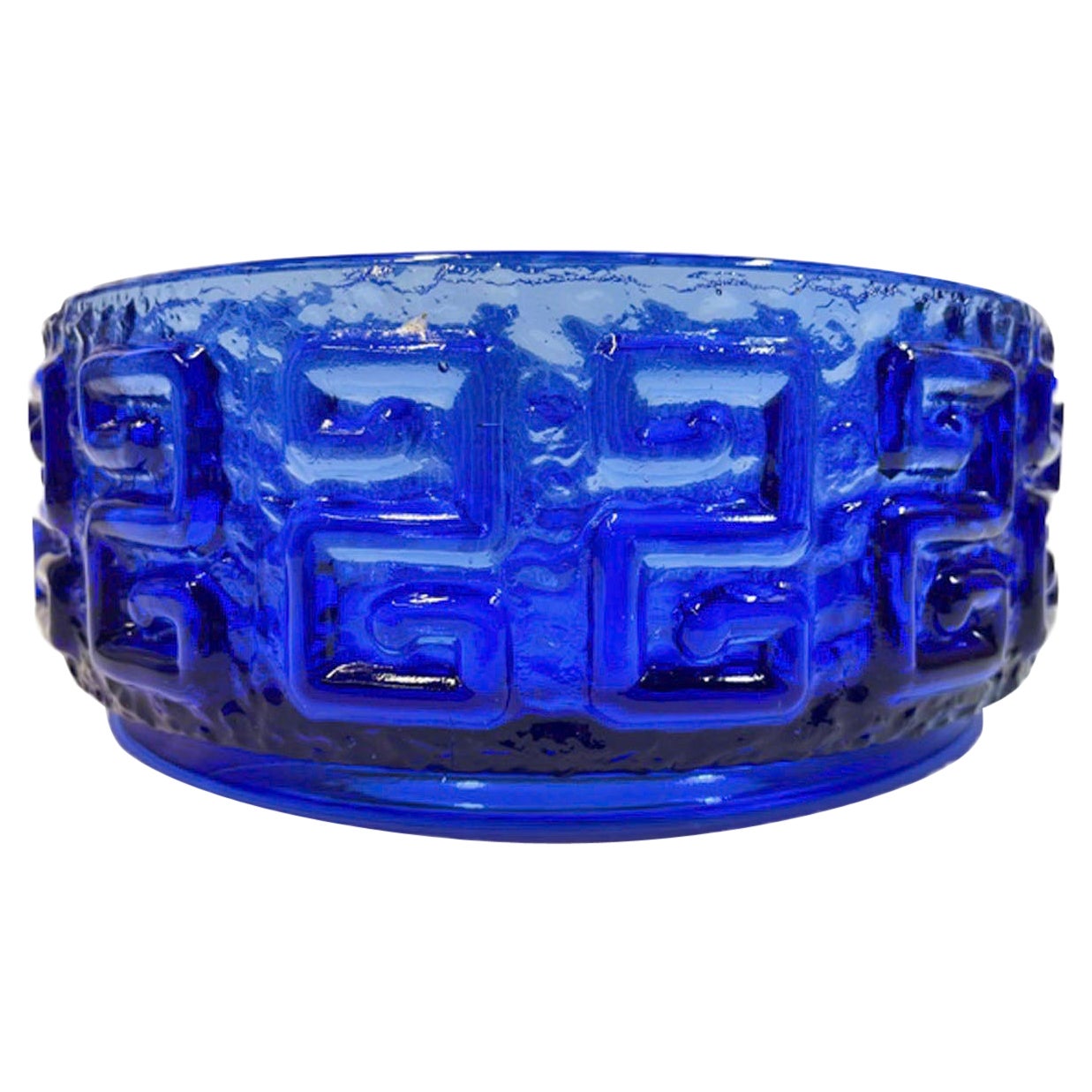 Mid-Century Modern Riihimaki Bowl in Kingfisher Blue with Raised Greek Key