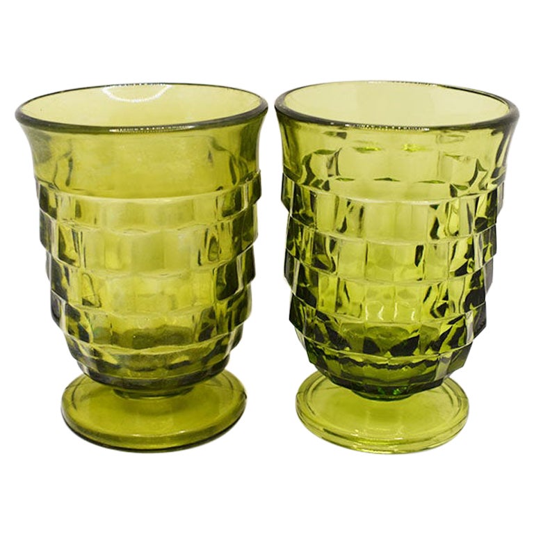 Faceted Green Glass Juice Cups, Set of 2