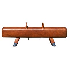 Retro Gymnastic Leather Pommel Horse Bench with Wooden Handles, 1930s