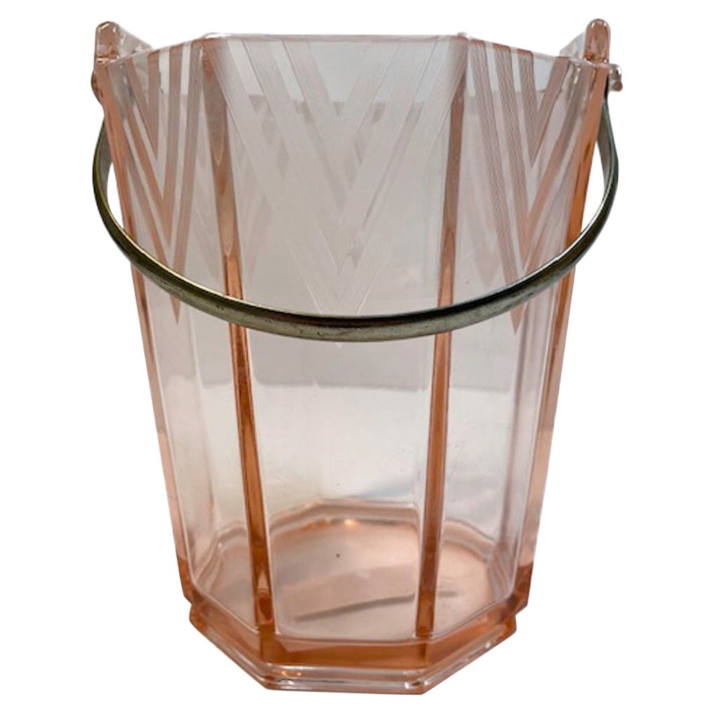 Art Deco 8 Sided Pink Glass Ice Pail with Etched Triangle Motif Around Top