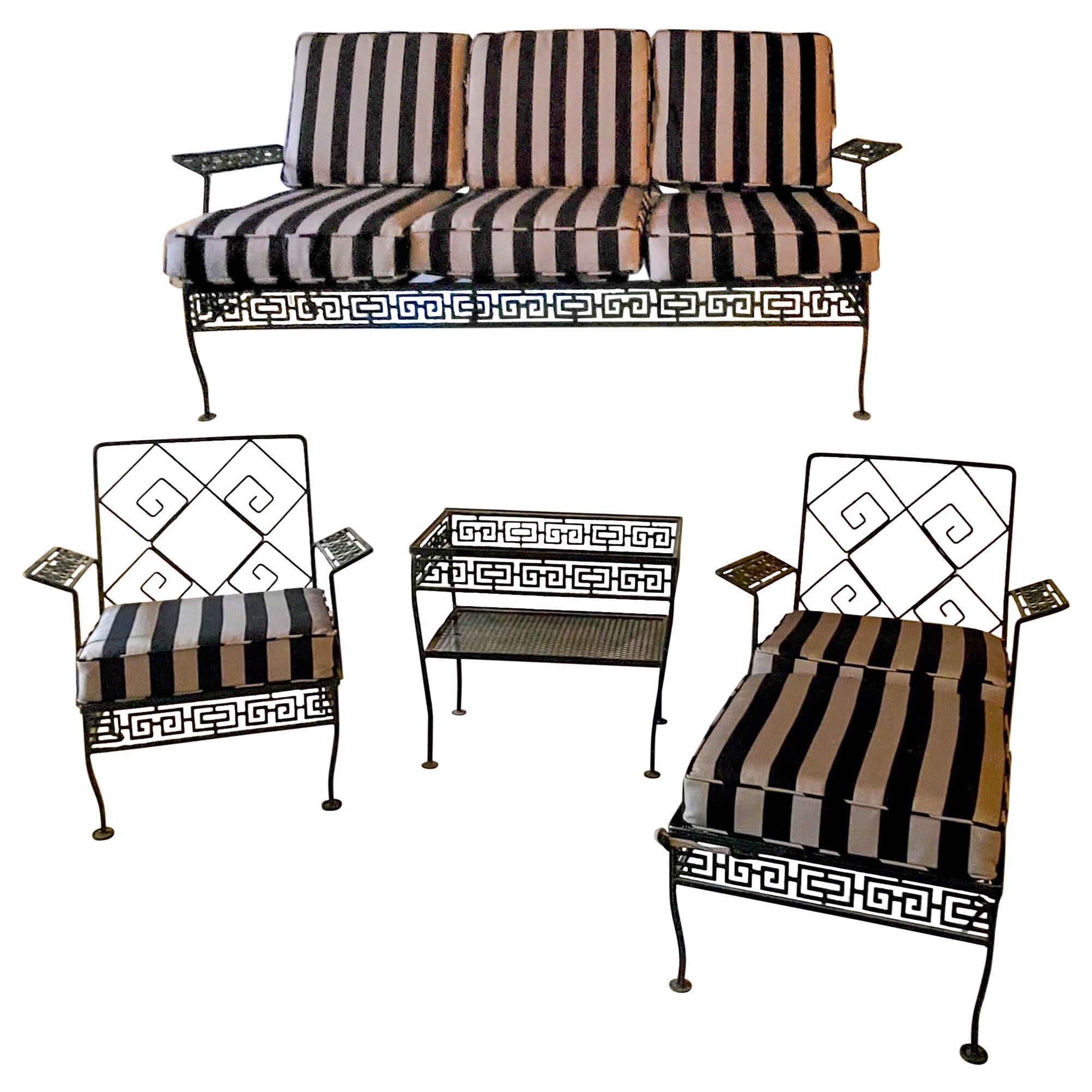 Mid-Century Neo-Classical Style Iron Patio Set with Greek Key Back, S/5