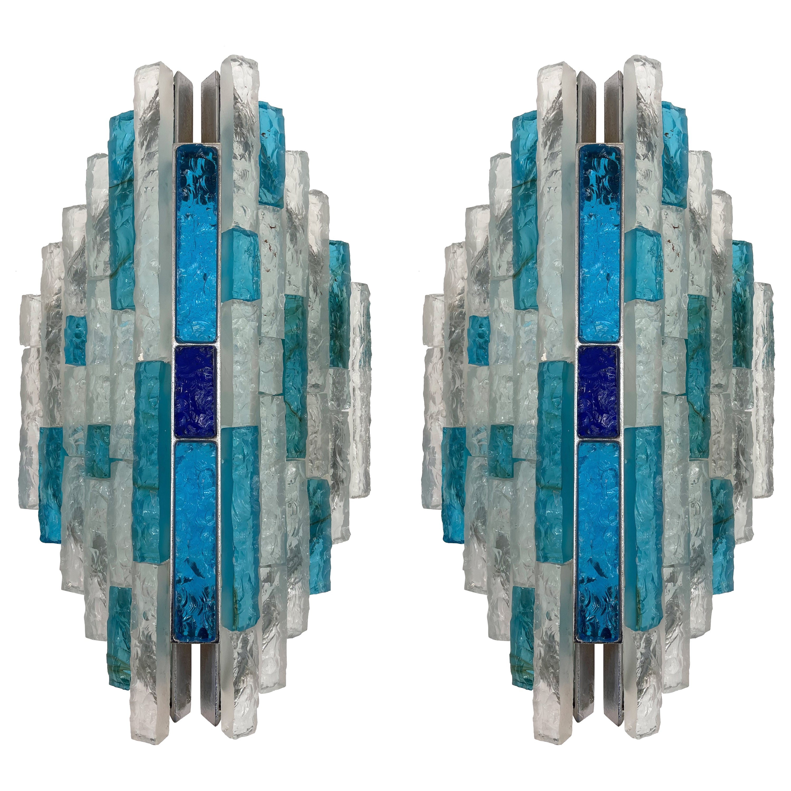 Pair of Hammered Glass and Silver Iron Sconces by Biancardi, Italy, 1970s