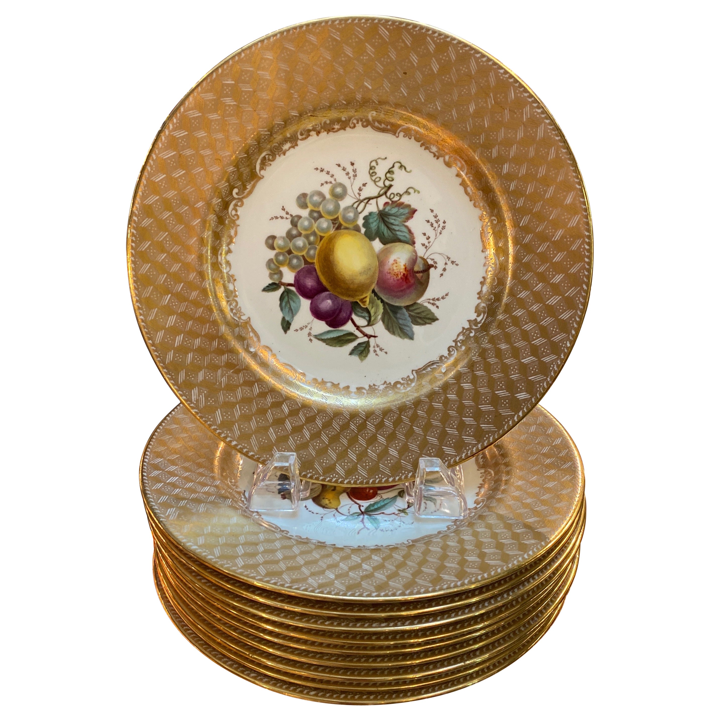 Lot de 10 assiettes à fruits anciennes anglaises Copeland Spode peintes à la main en vente