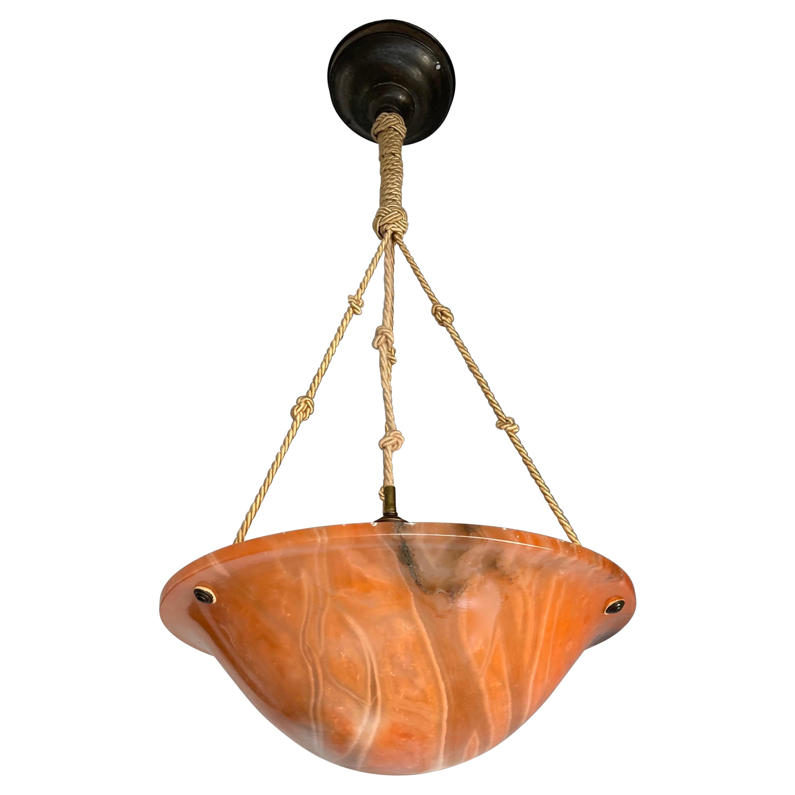 Lampe à suspension Art Déco rare en pierre d'albâtre de couleur magique, plafonnier, corde d'origine