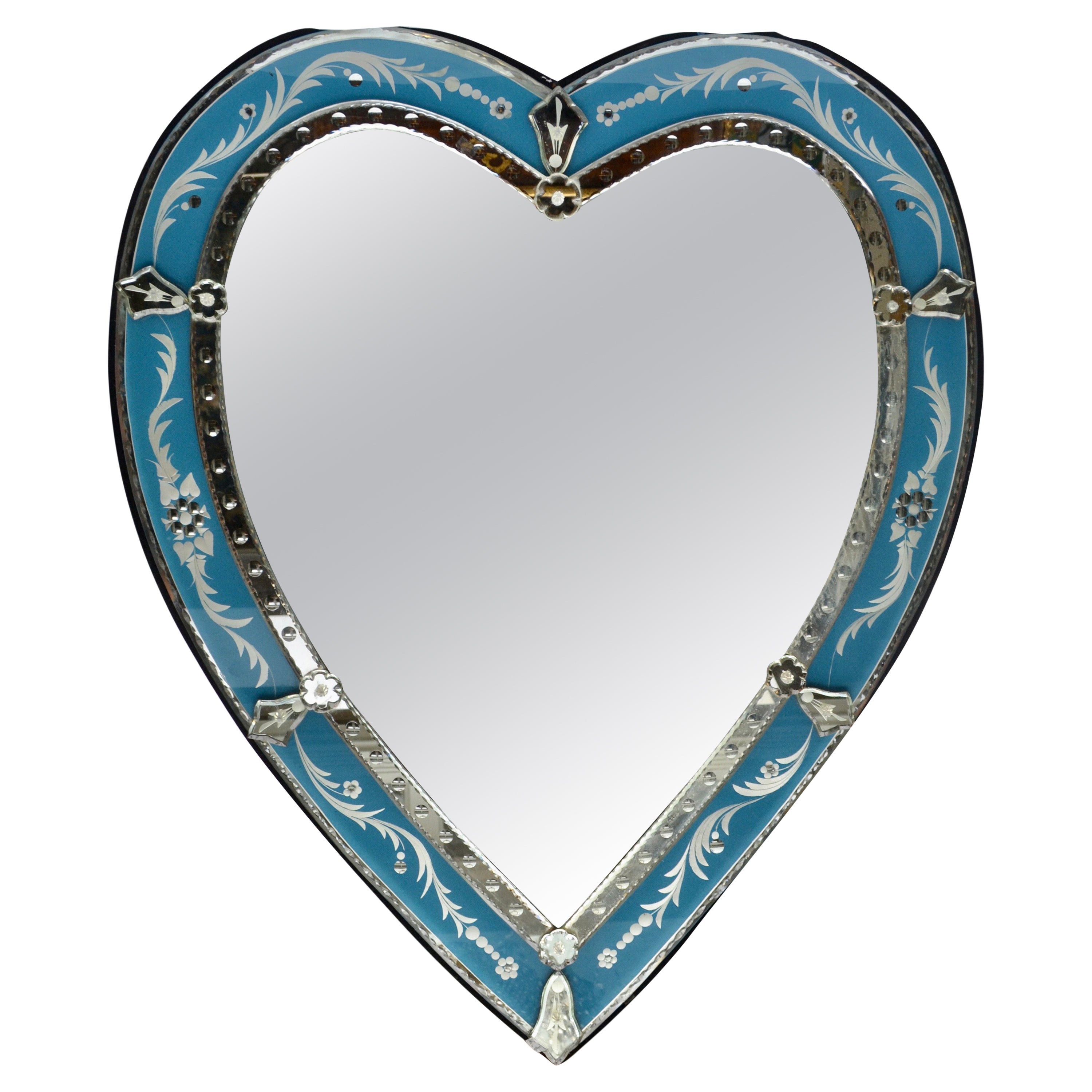 Venetian Heart Shaped Mirror with Etched Blue Glass Border