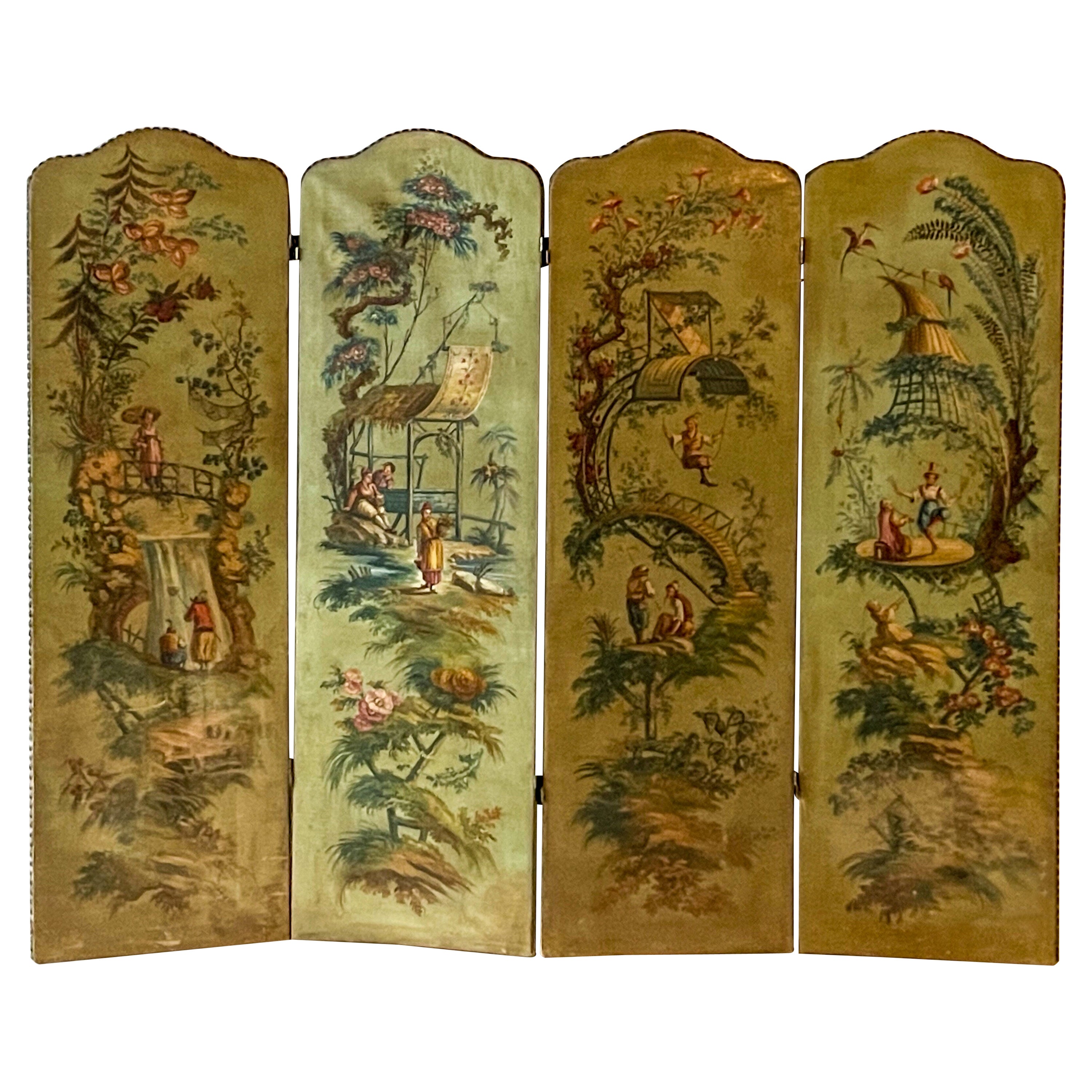 19th-C. French Oil on Canvas Chinoiserie Folding Screen