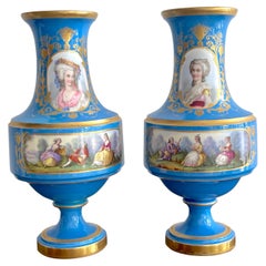 Pair of 19th C Sevres Blue Celeste Portrait Vases