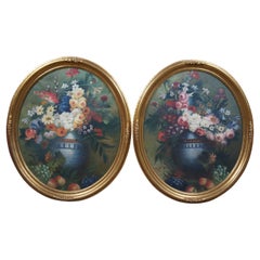 2 Antique Oval Floral Still Life Oil Paintings on Canvas Painting Flowers Fruit