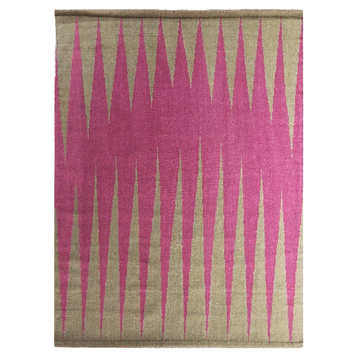 Teppich 31. Oktober - Moderner geometrischer Wollteppich  Dhurrie-Teppich in Beige und Fuchsia, handgefertigt