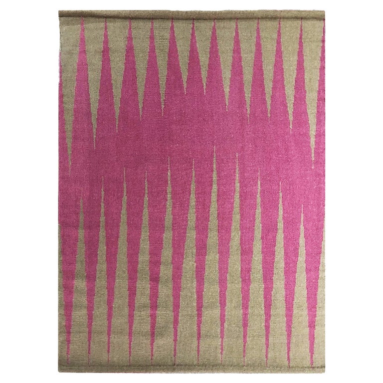 31st October Pink - Modern Geometric with Brown Beige Fuchsia Dhurrie Wool Rug For Sale