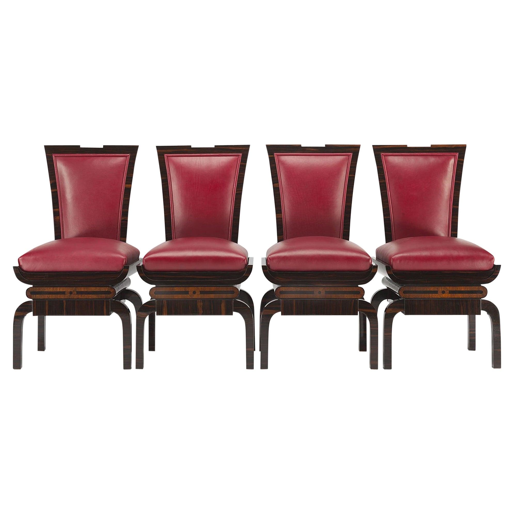 Red Art Deco Chairs from Czechia, 4 Pieces Made Out of Makasar