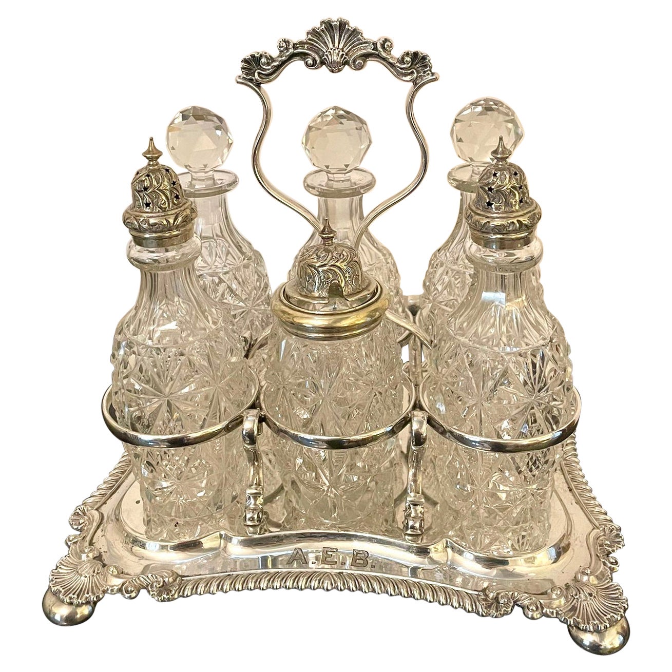 Fine Antique Victorian Silver Plated Six Bottle Cruet Set