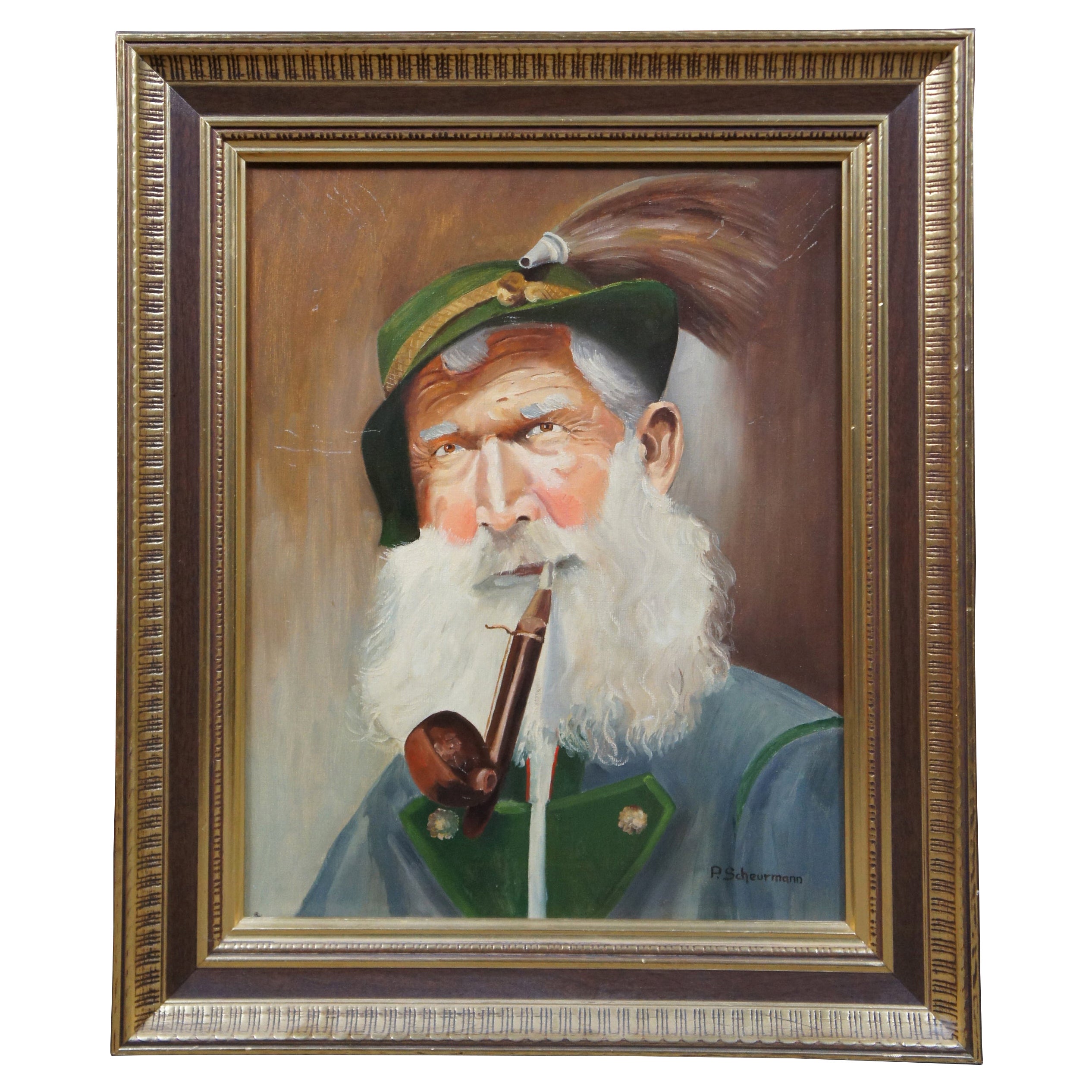 Vintage Oil Painting on Canvas Portrait of an Old German Man P. Scheurmann