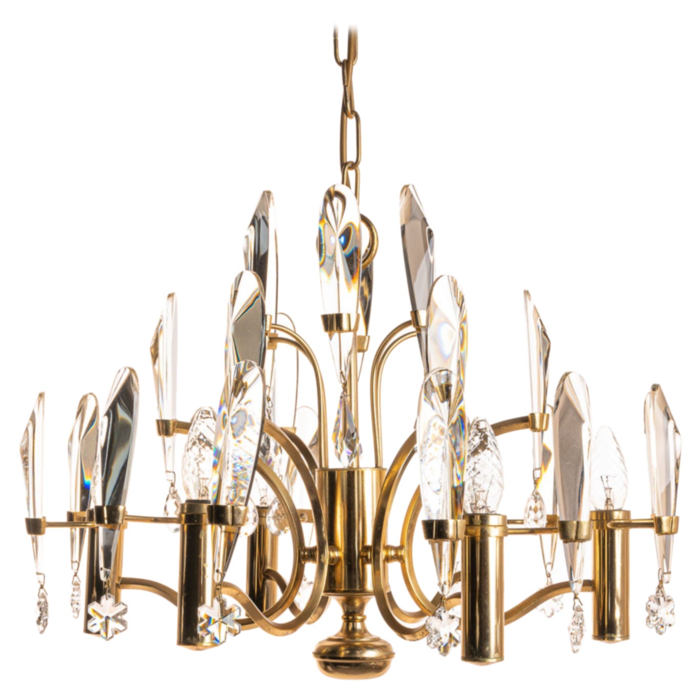 1970's Brass & Glass Chandelier by Gaetano Sciolari For Sale