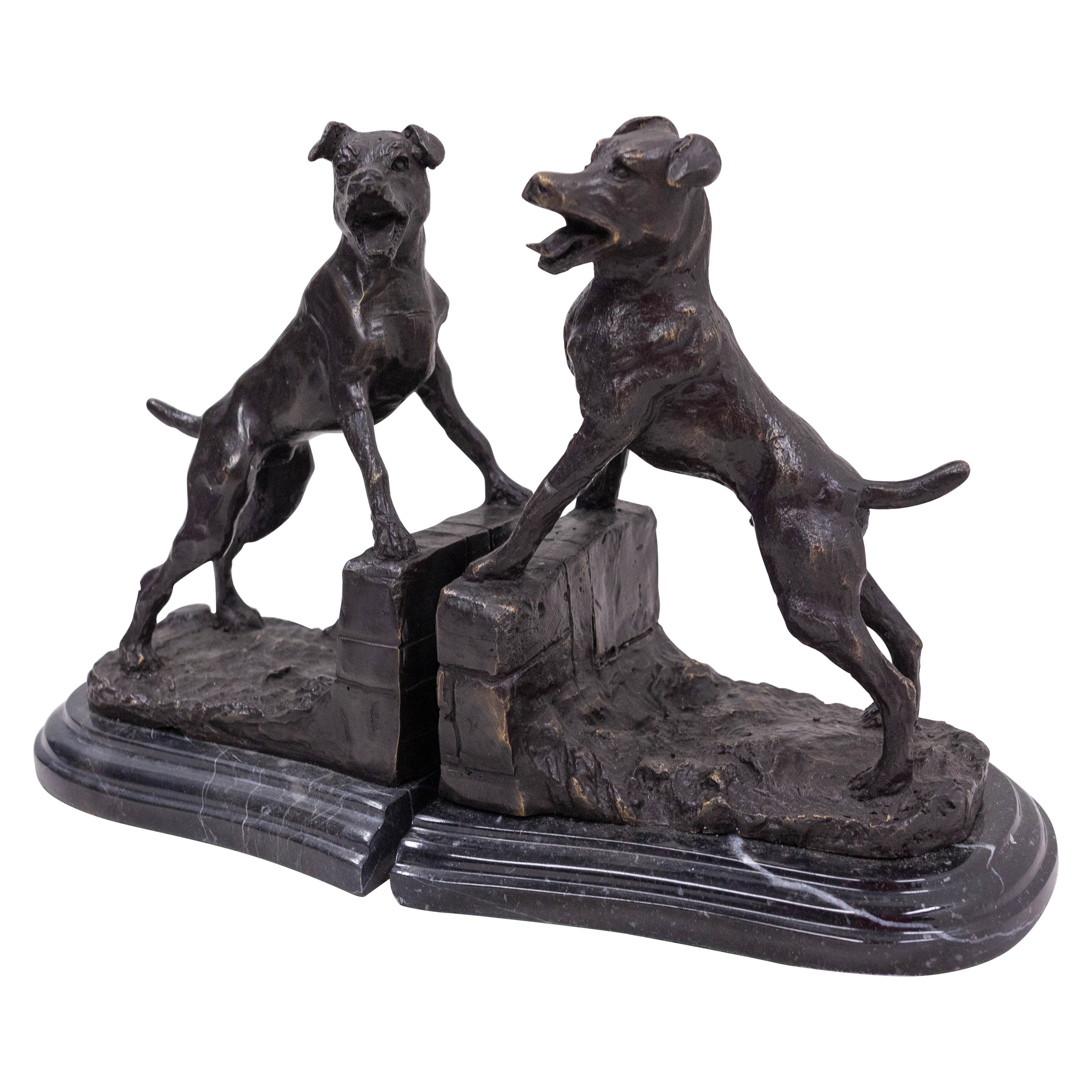Pair of Bronze and Marble Bookends Barking Dogs from E Drouot, France c. 1890 For Sale