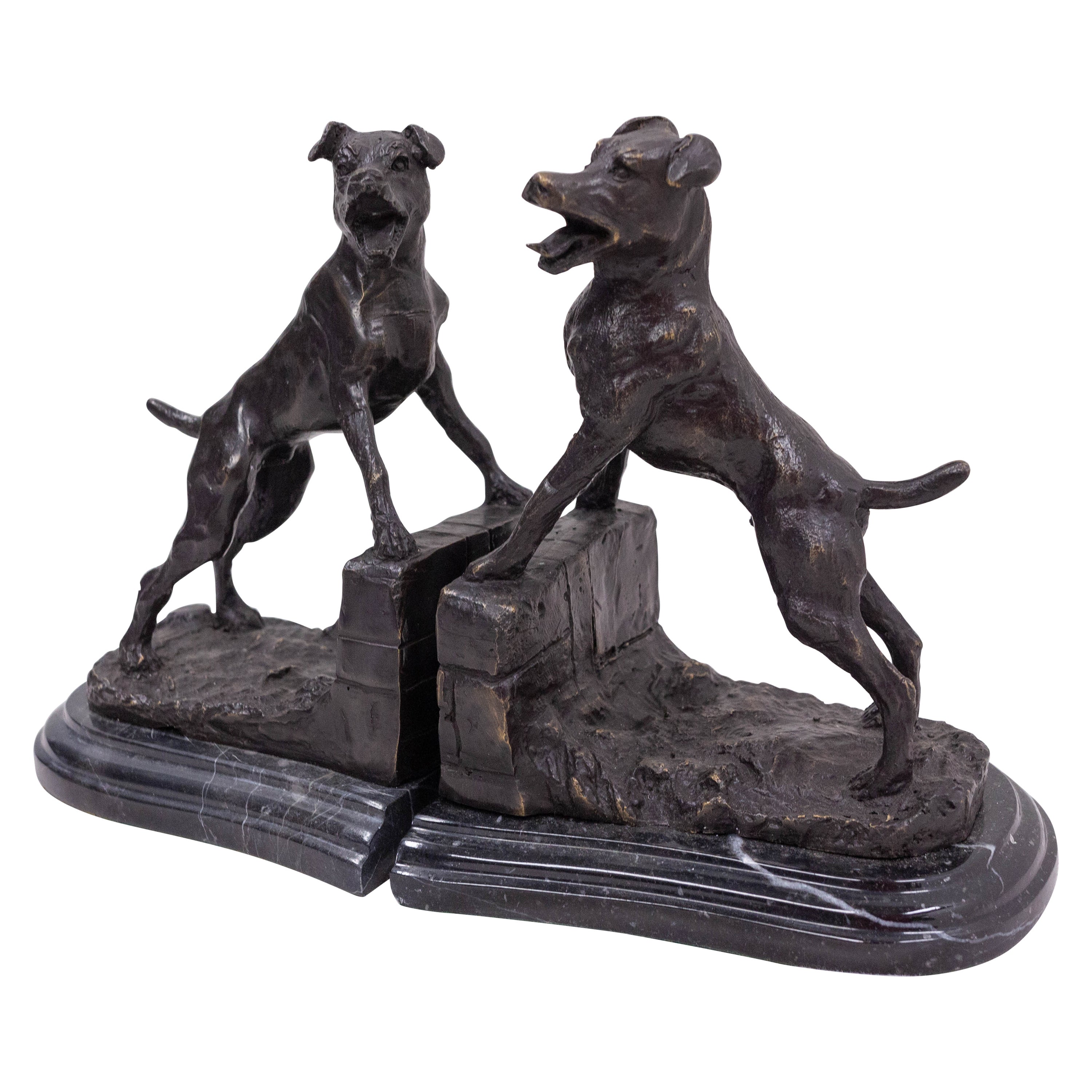 Paar Buchstützen aus Bronze und Marmor mit Jagdhunden aus E Drouot, Frankreich, um 1890