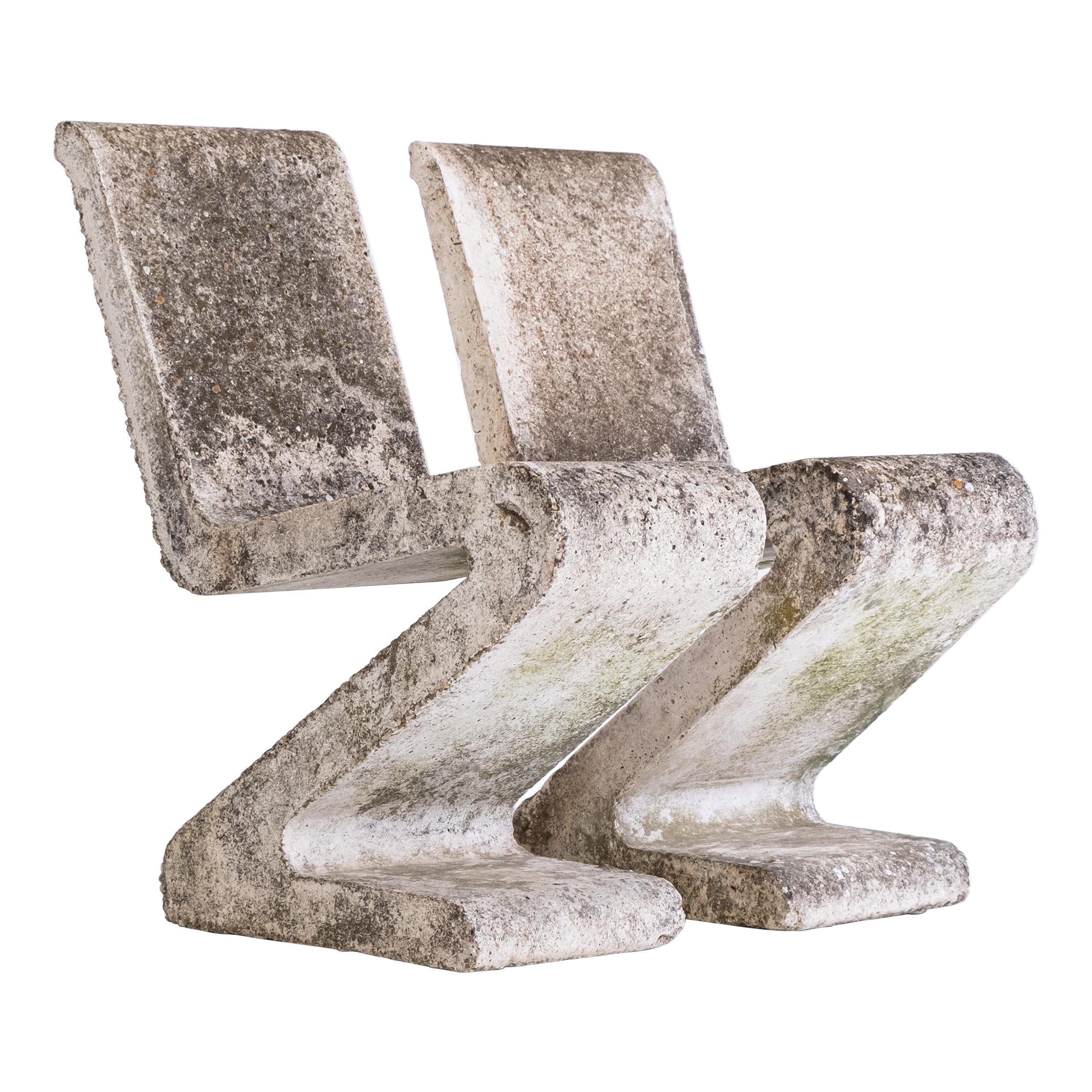 Brutalist Pair of Concrete Zig Zag Chairs, France, ca. 1970s