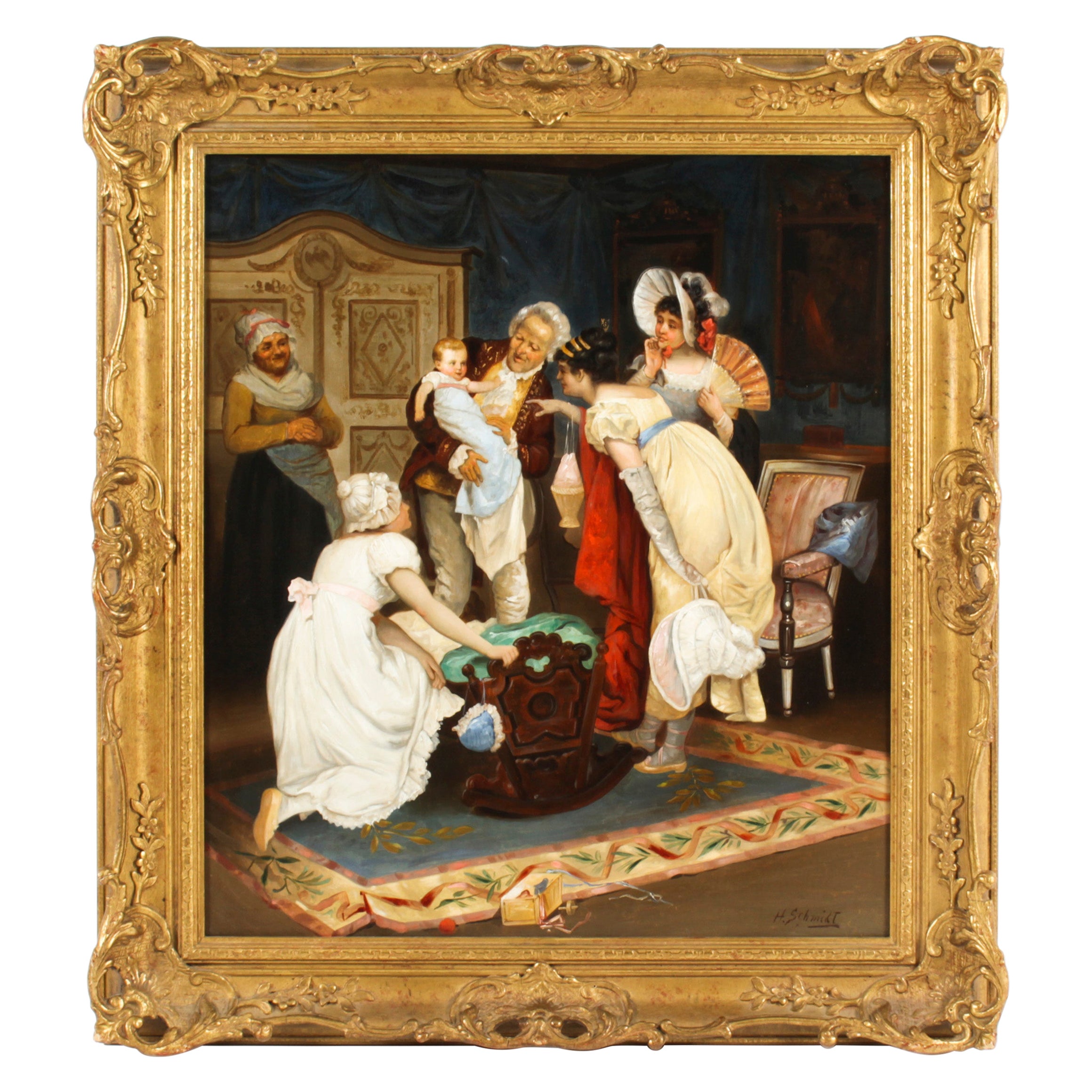 Antique Oil Painting "The Centre of Attention" H Schmidt 19th C