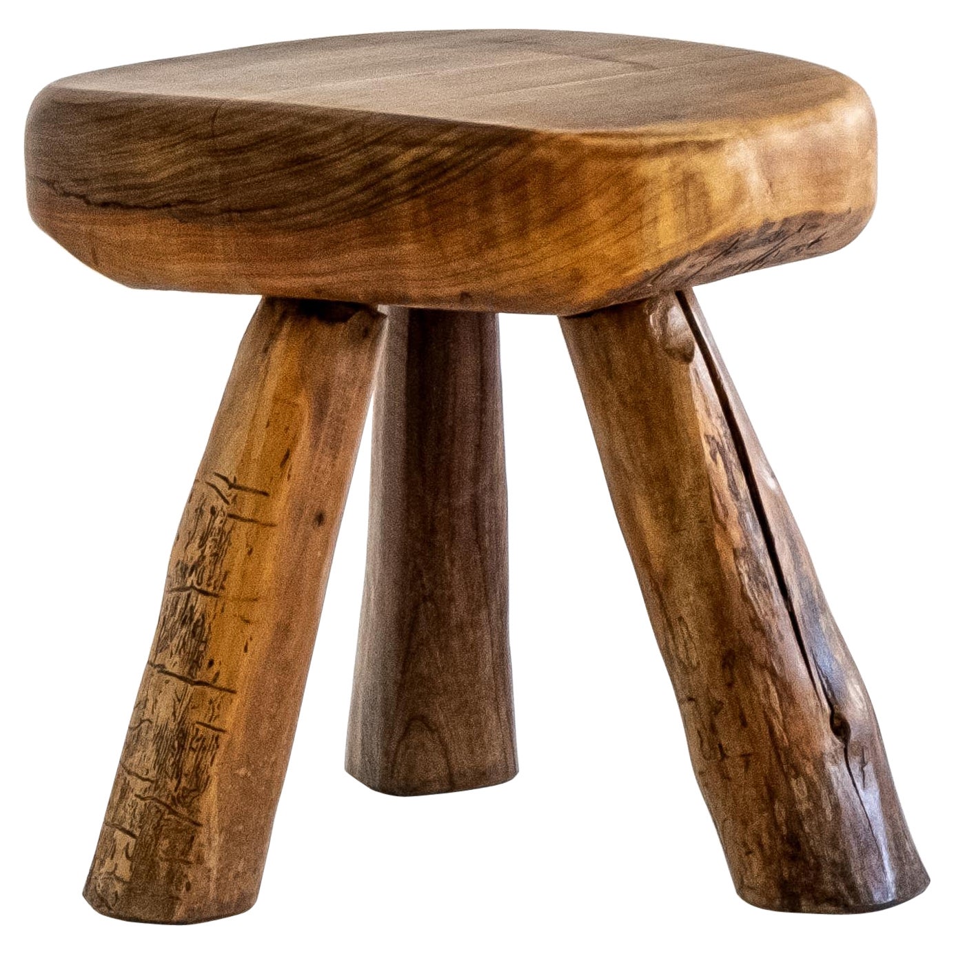 Handmade, Rustic, Sculptural, Massiv Olive Wood Tripod Stool or Side Table