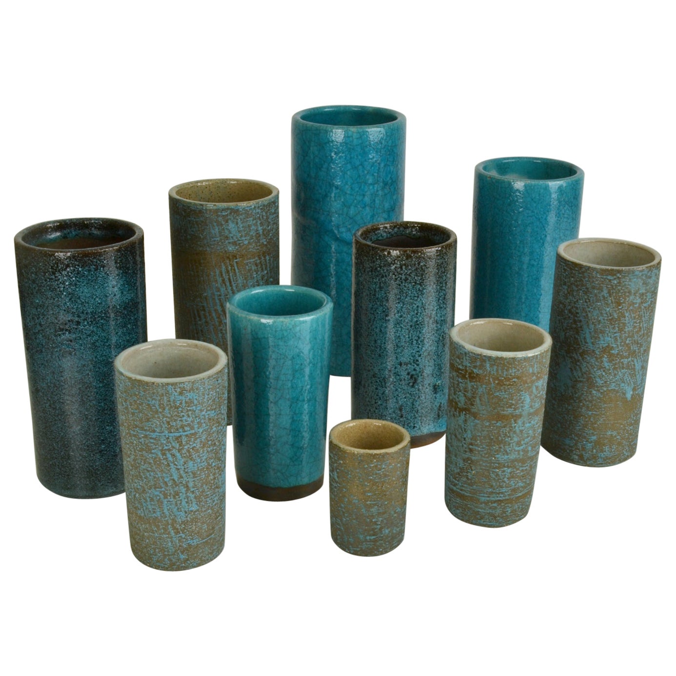 Set of Ten Blue Ceramic Cylinder Vases by Groeneveldt For Sale