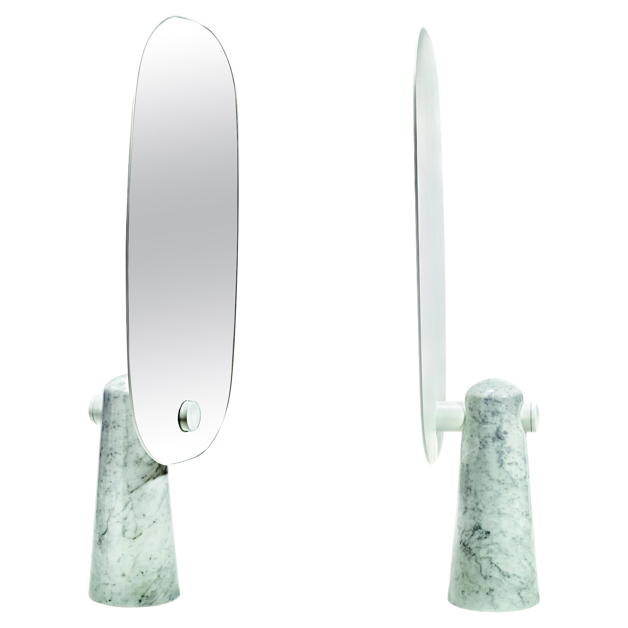 Iconic Standing Mirror White Marble 'Pele De Tigre' Base, White Structure For Sale