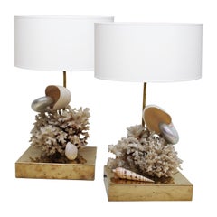 Brass and Seashell One of a Kind Pair of Table Lamps, Spain, 1980