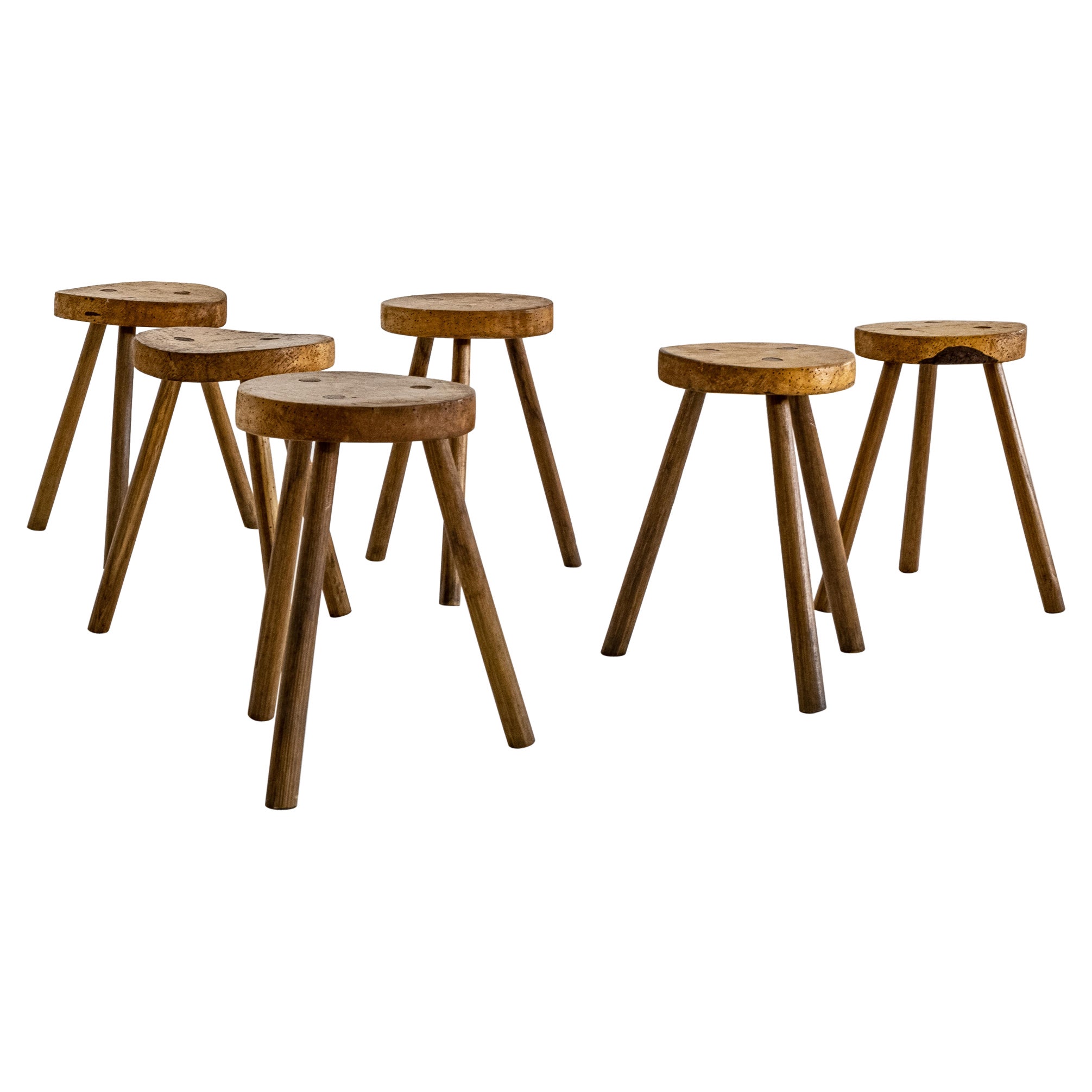 Set of 6, Wooden, Brutalist Tripod Stools or Side Tables, Italy, ca. 1960s