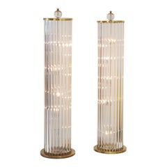 Mid-Century Brass and Crystal Bars Pair of Floor Lamps, France, 1960