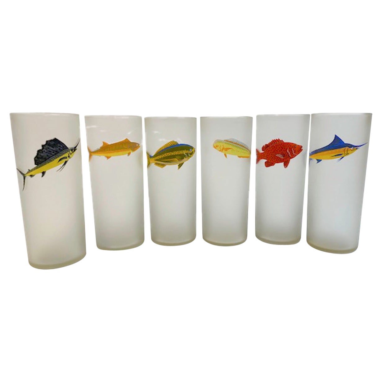 Mid-Century Modern Set of 6 Frosted Tom Collins Glasses with Game Fish Motif