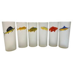 Vintage Mid-Century Modern Set of 6 Frosted Tom Collins Glasses with Game Fish Motif