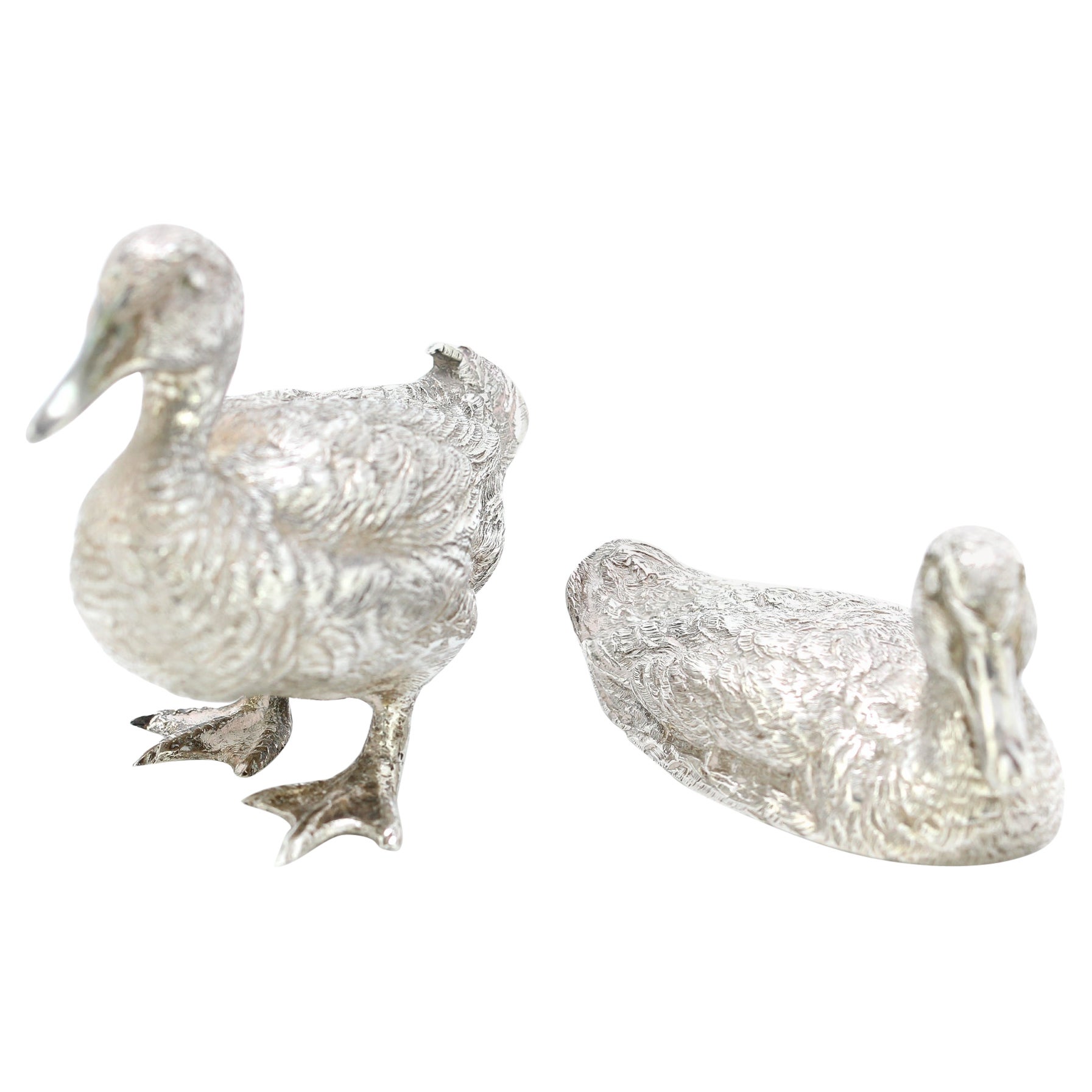 Sterling Silver Detailed Pair of Duck Figurines, London 1973, C F Hancock & Co For Sale