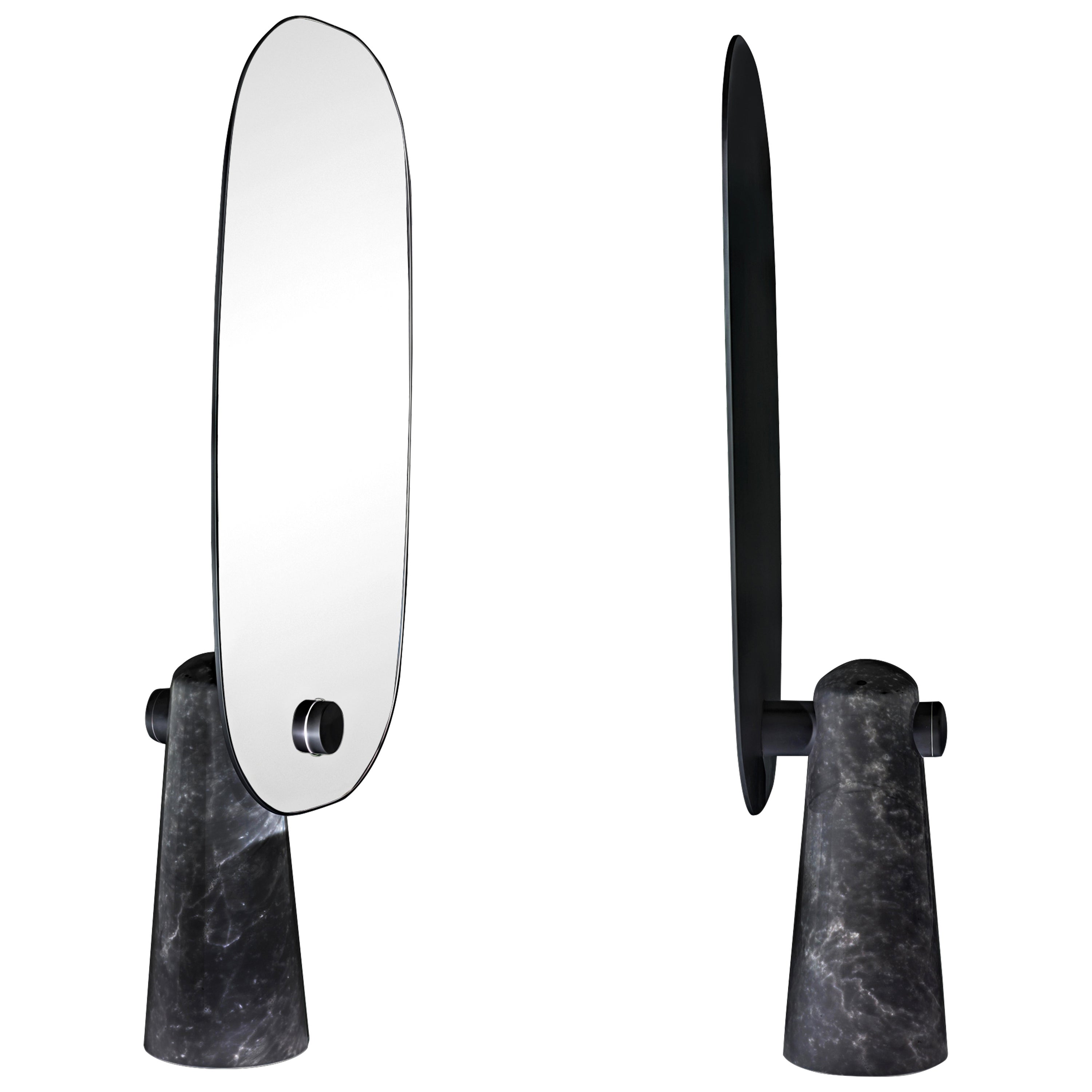 Iconic Standing Mirror Black Marble 'Marquina' Base, Black Structure For Sale