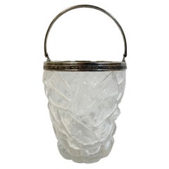 Vintage Art Deco Cracked Ice Molded Ice Bucket with Silver Plate Rim and Handle