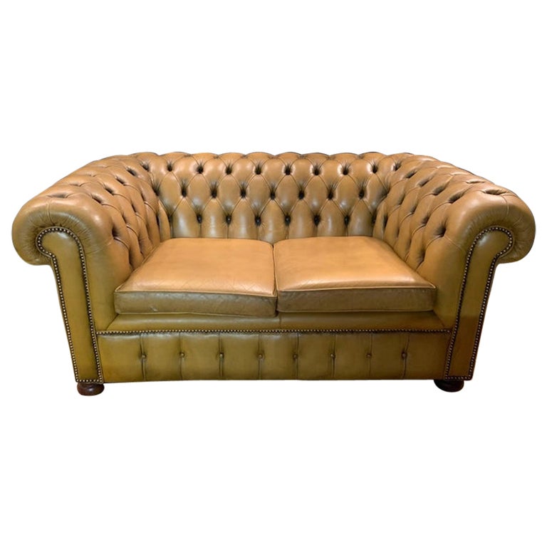 original Mustard Yellow Leather Chesterfield two seater Sofa For Sale