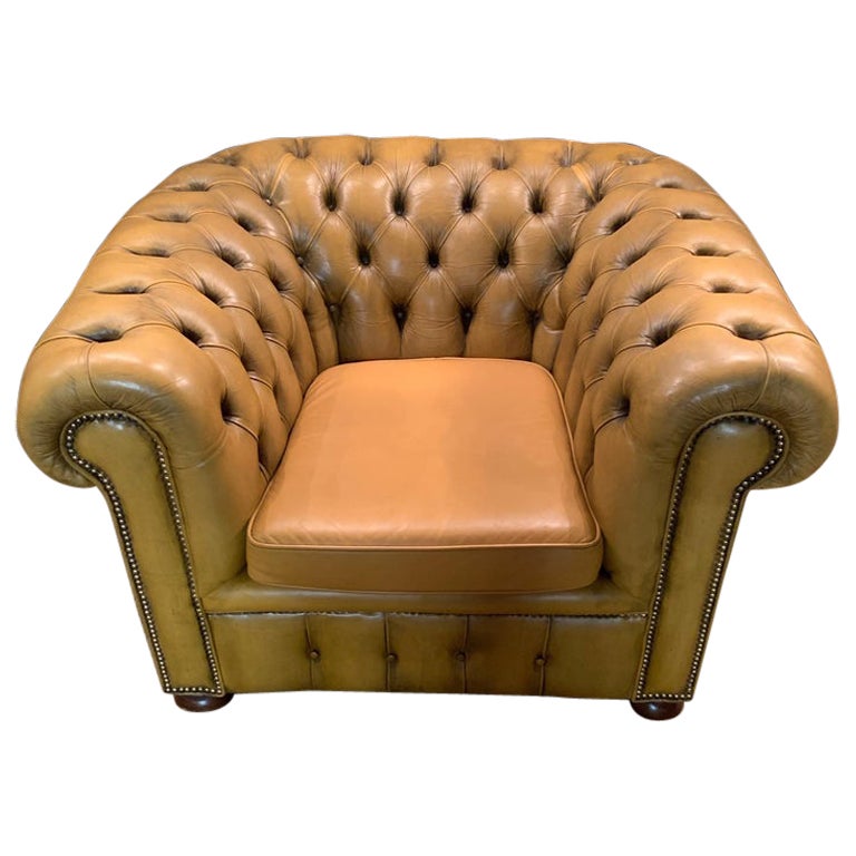 original Mustard Yellow Leather Chesterfield Club Armchair For Sale at