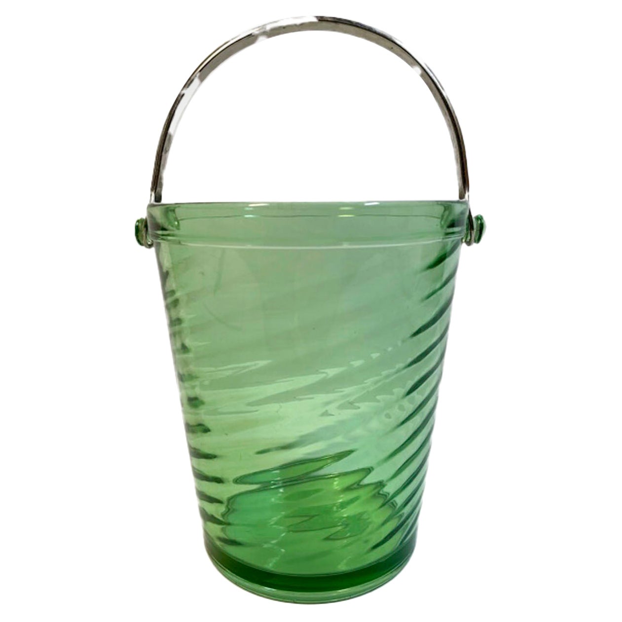 Art Deco Swirled Green Glass, Pail-Form Ice Bucket with Swing Handle