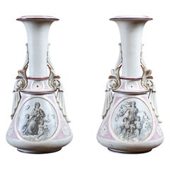 Antique Pair of 19th-Century Biscuit Vases in White and Pink