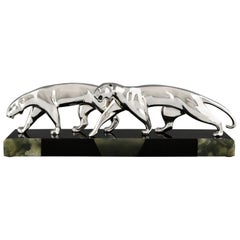 Art Deco Silvered Bronze Sculpture Two Panthers by Michel Decoux France 1920