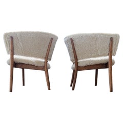Mid-Century Modern Lounge Charis in Sheepskin and Stained Wood, Sweden, 1962