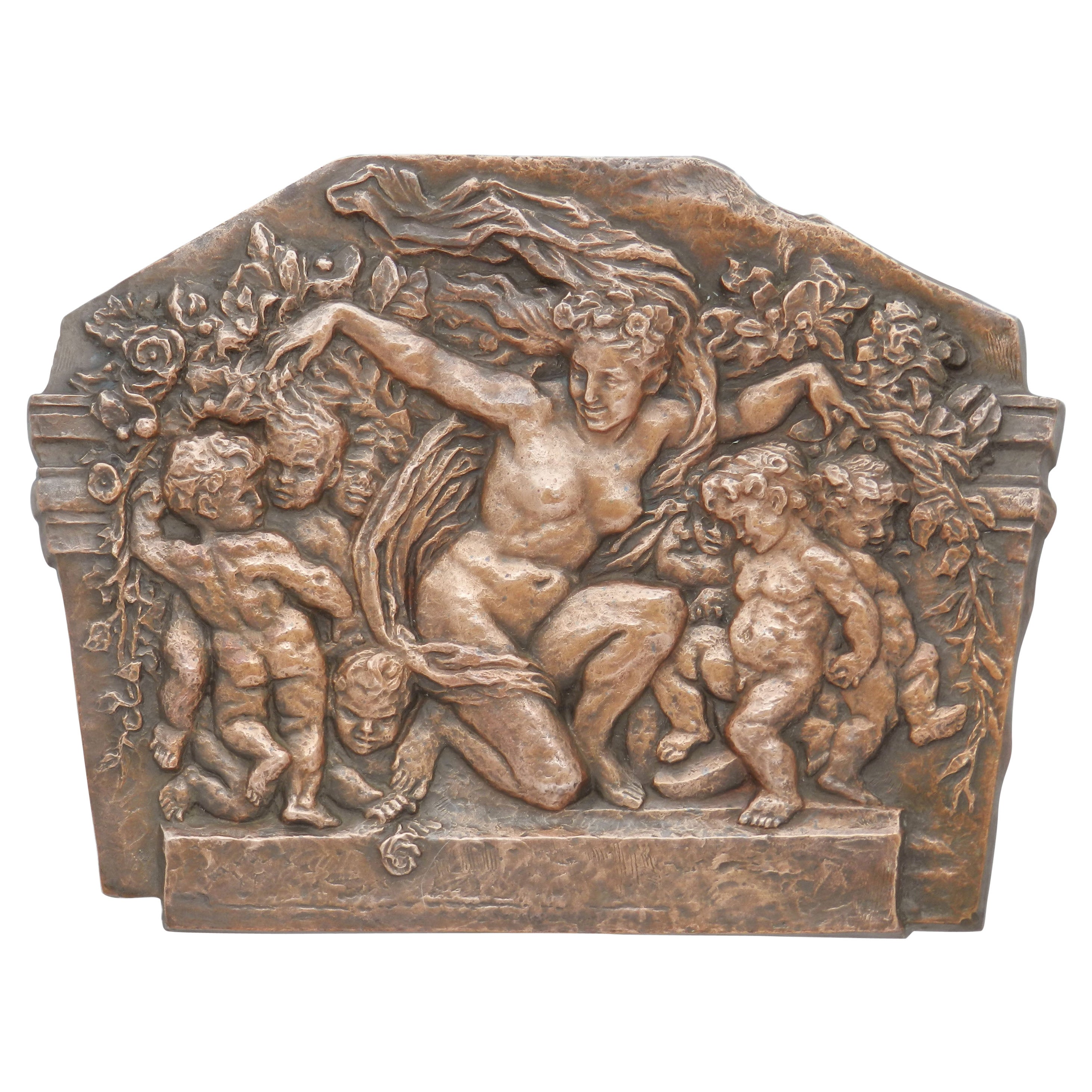 Art Deco Cherubs Nymph Wall Placque Panel Embossed Copper c1930 FREE SHIPPING