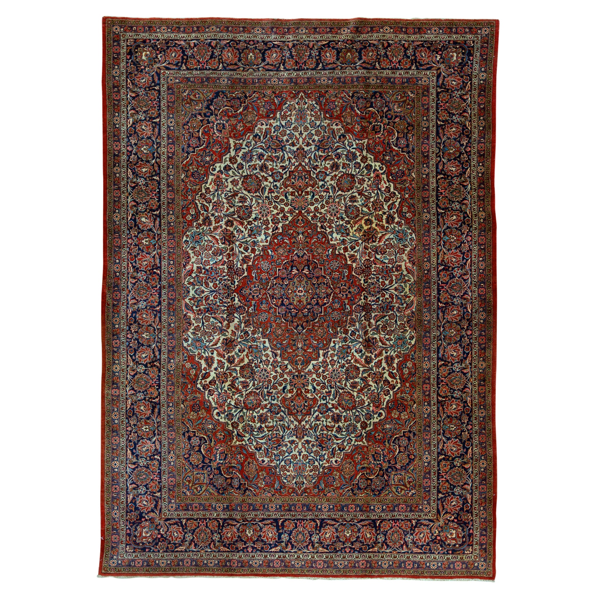  Antique Persian Fine Traditional Handwoven Luxury Wool Ivory / Navy Rug For Sale