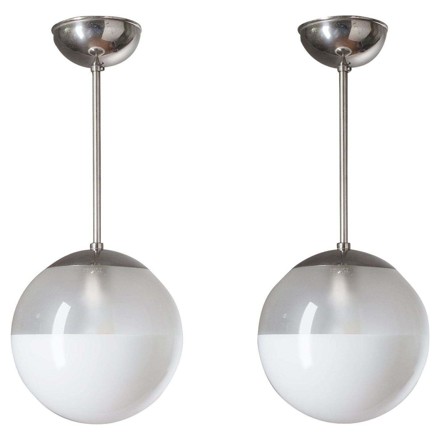 Pair of Ceiling Lights by Philips, circa 1930, Nickel and Enameled Glass