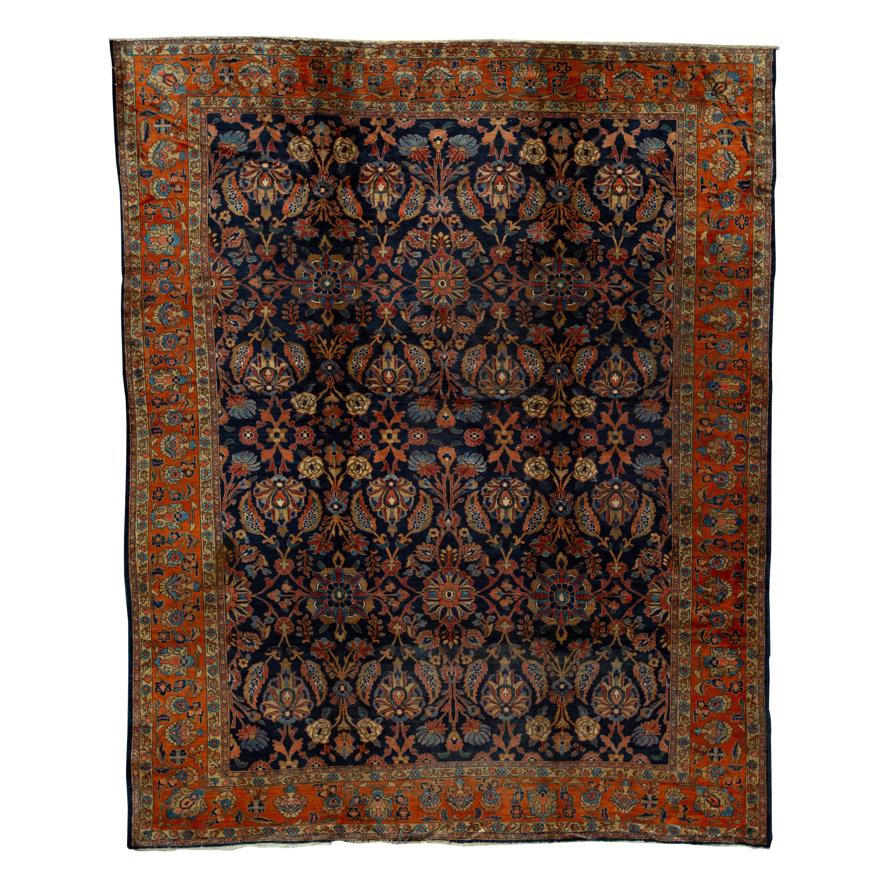   Antique Persian Fine Traditional Handwoven Luxury Wool Navy / Rust Rug For Sale