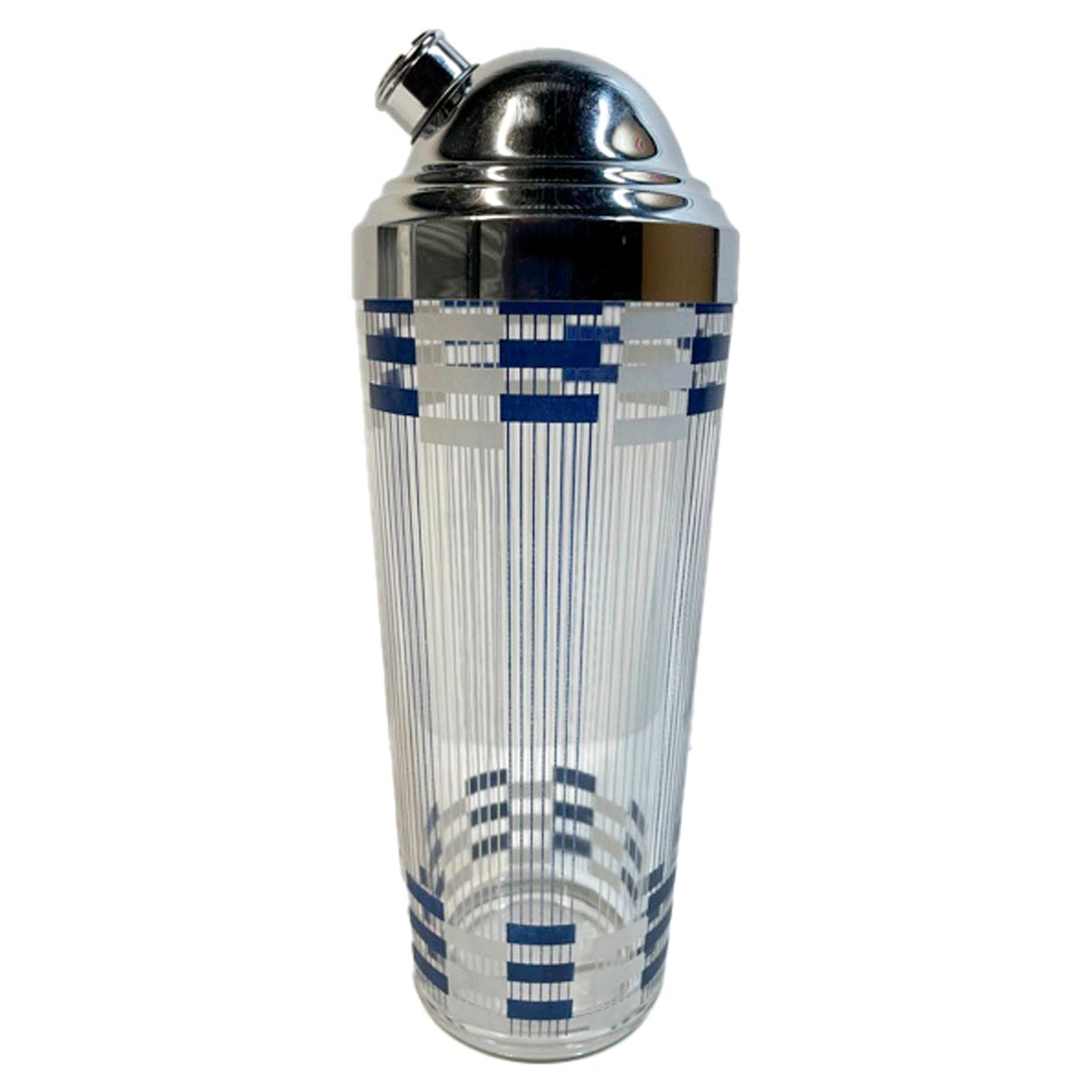 Art Deco Cocktail Shaker with Blue and White Bands and Stripes