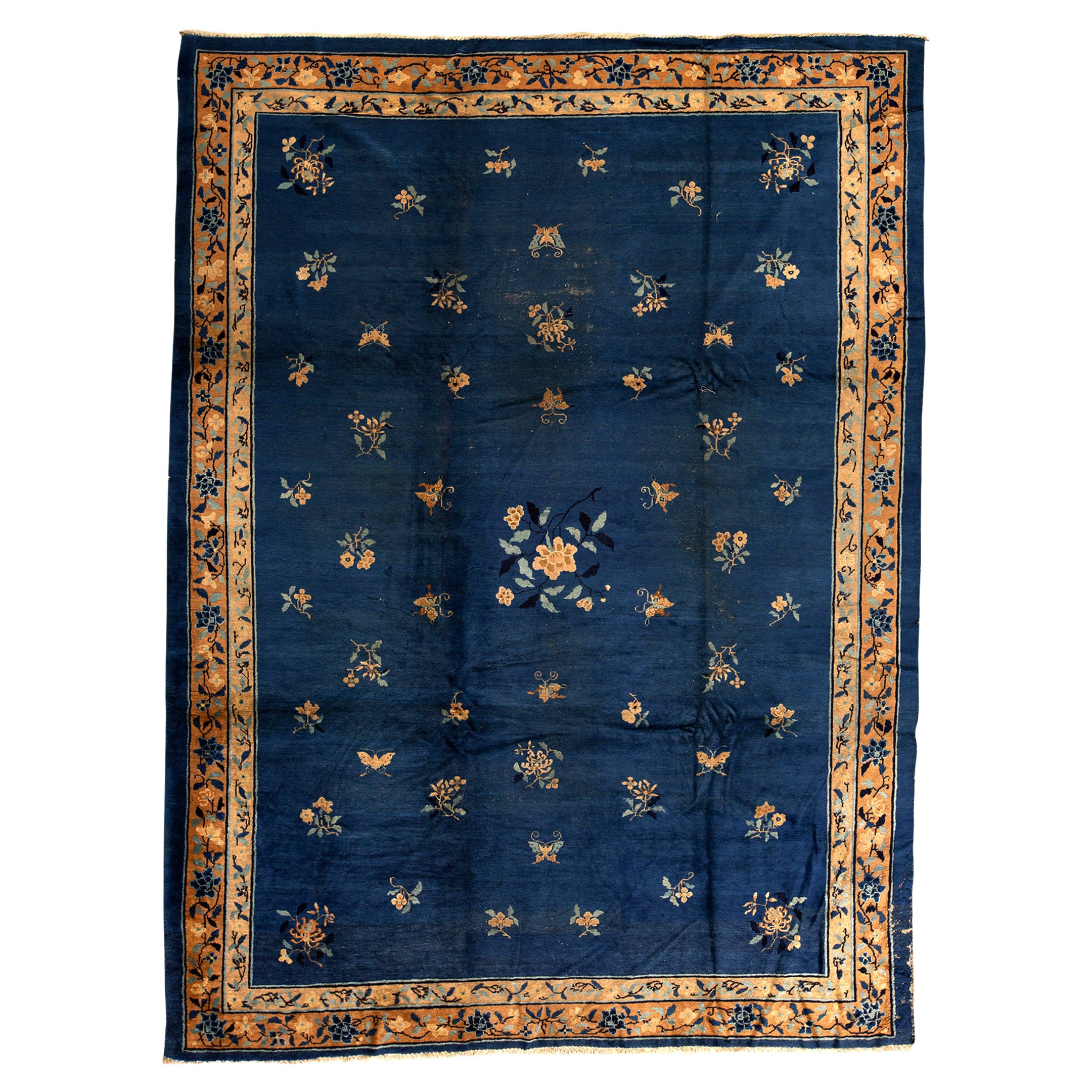 Traditional Handwoven Luxury Wool Antique Chinese Navy For Sale